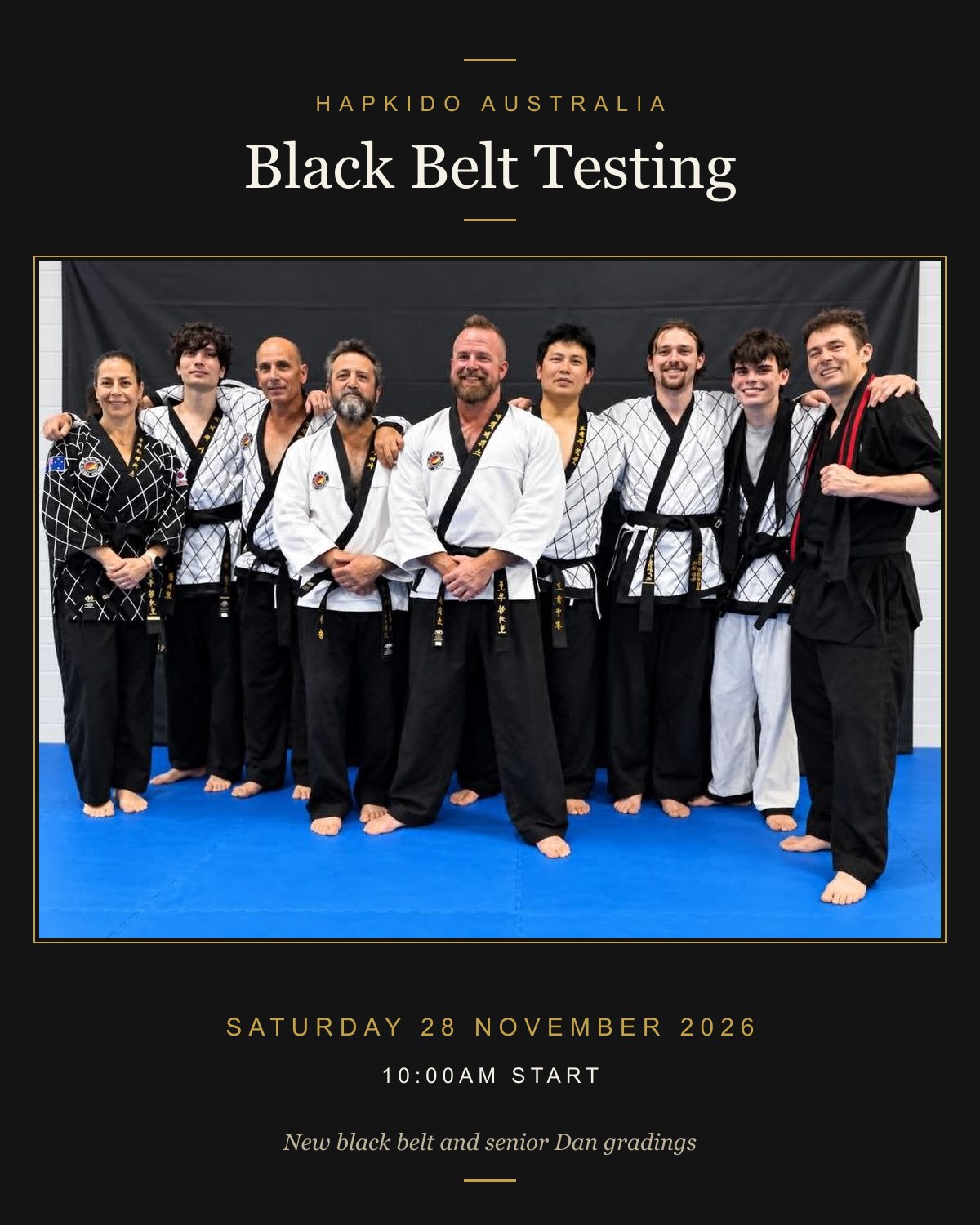 Hapkido Australia black belts lined up in the dojang for national Black Belt Testing