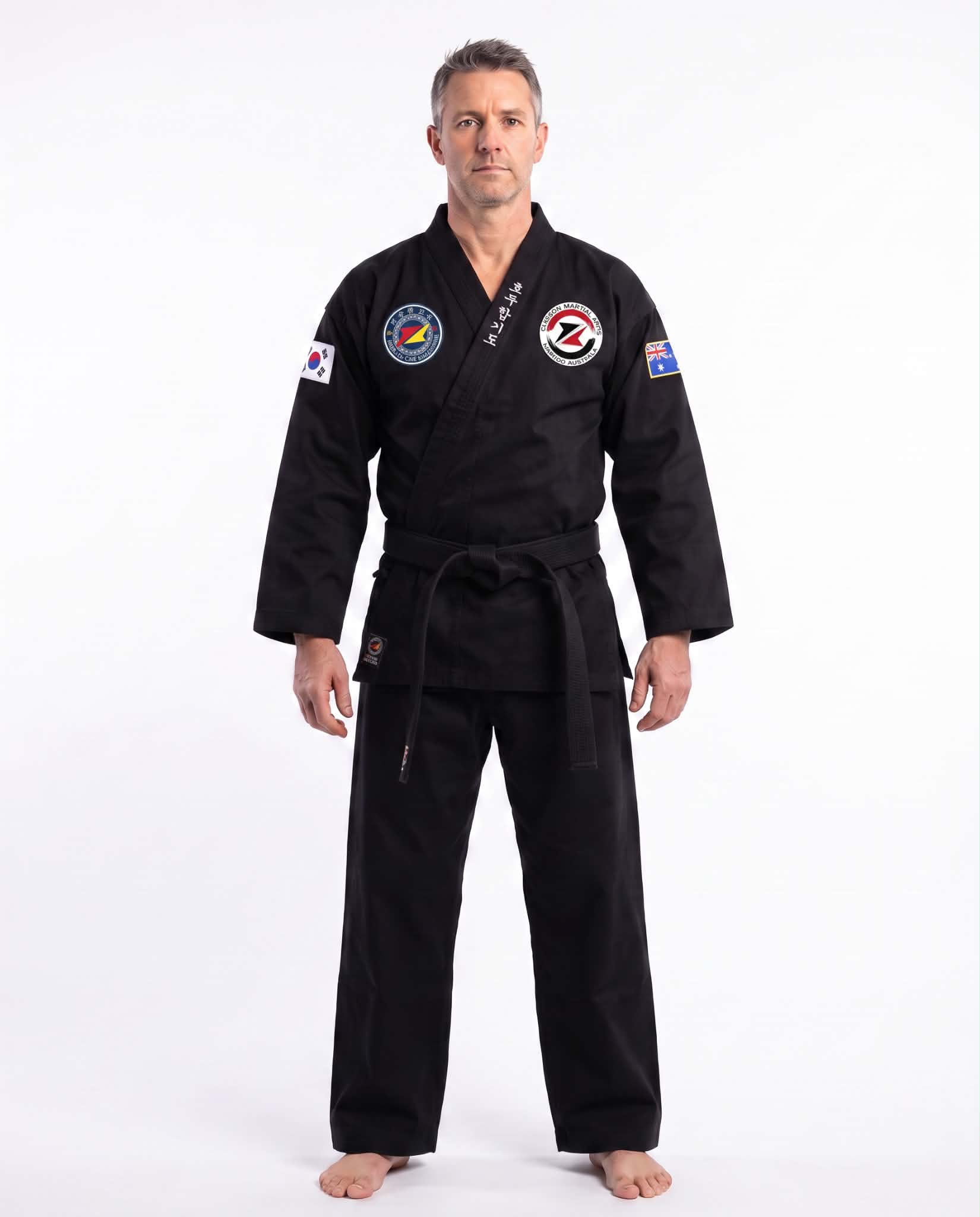 Hapkido Australia black club gi with Choson Martial Arts and Hapkido Australia patches, Korean and Australian flags