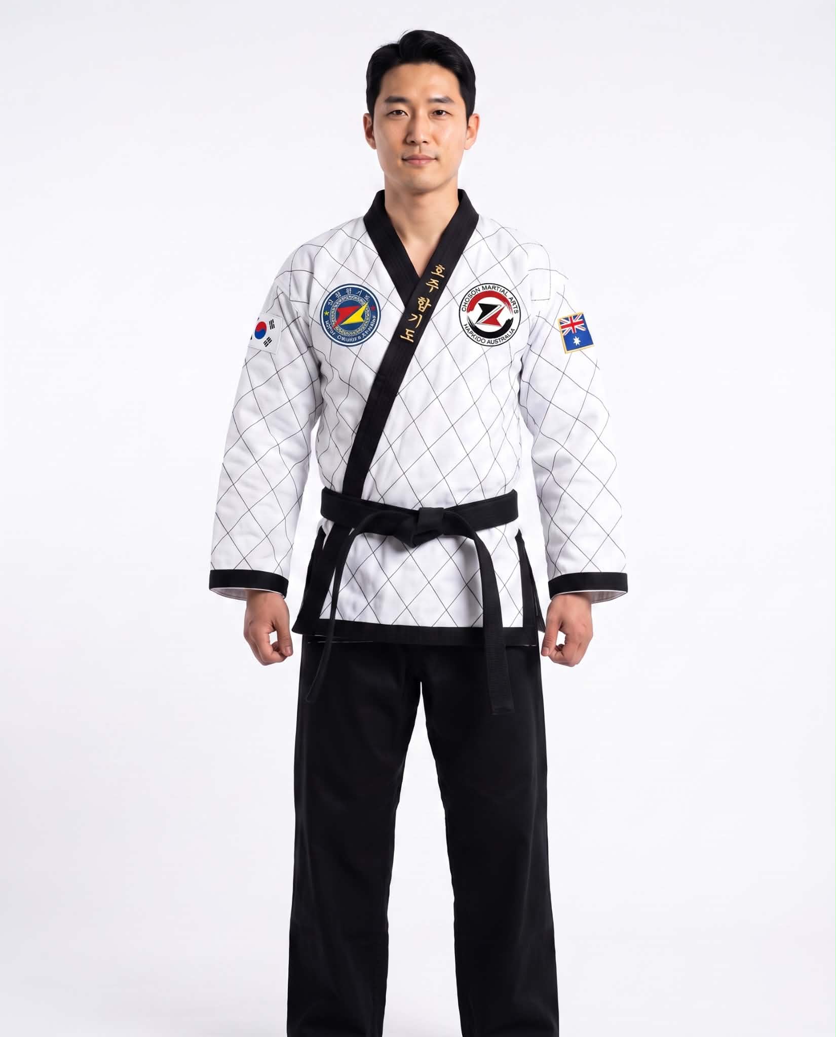 Hapkido Australia Black Belt diamond uniform, white diamond-quilted jacket with black trim and club patches